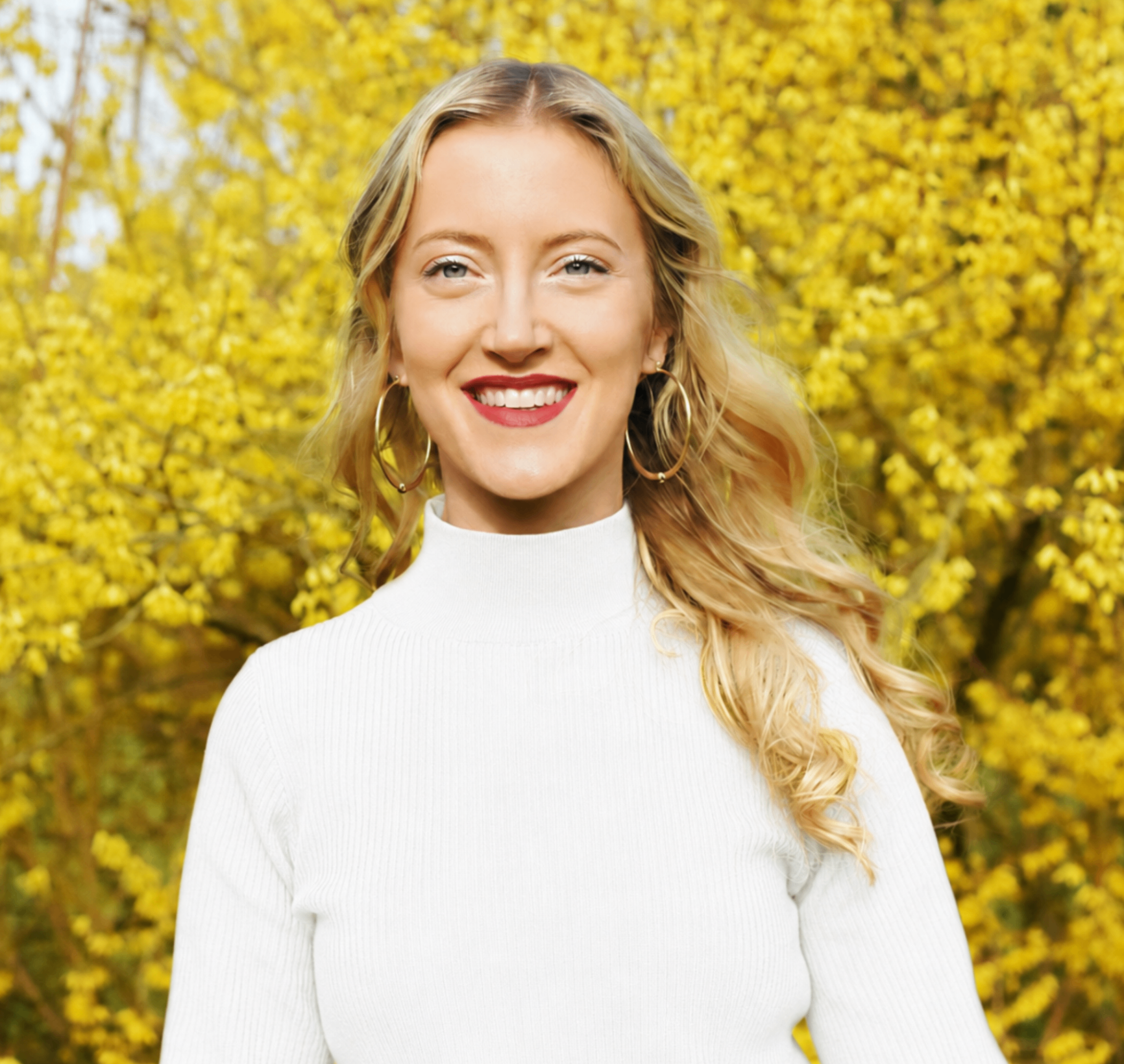 Kine smilende foran en gul, blomstrende busk